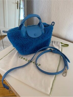 Longchamp Bright Blue Faux Shearling Mini Top-Handle Bag with Strap